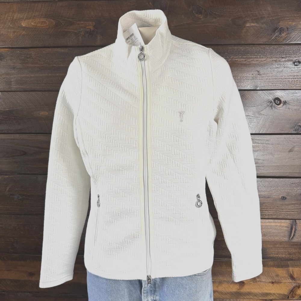 Golfino White Waffle Knit Quilted Full Double‎ Zip Women's Golf Jacket Sz 36